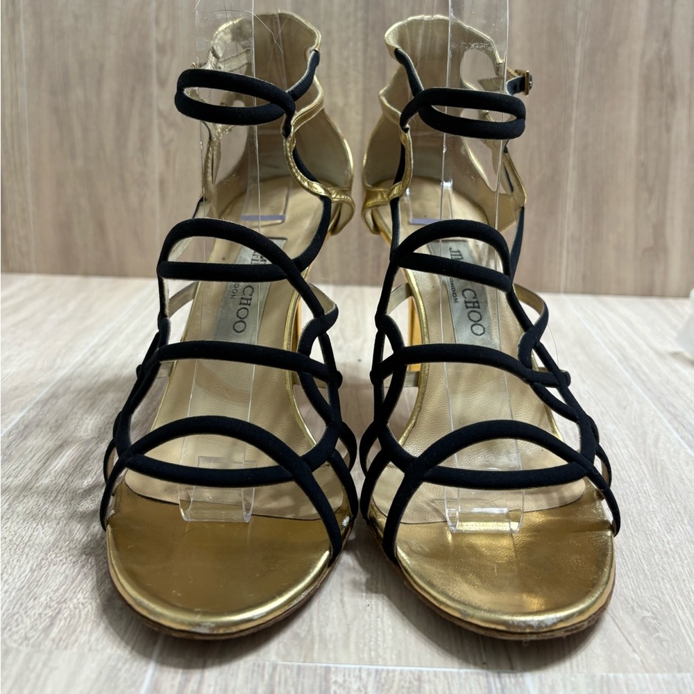 ***Jimmy Choo Rare Black Myth Caged Suede Leather & Bunting Gold Strappy Heel